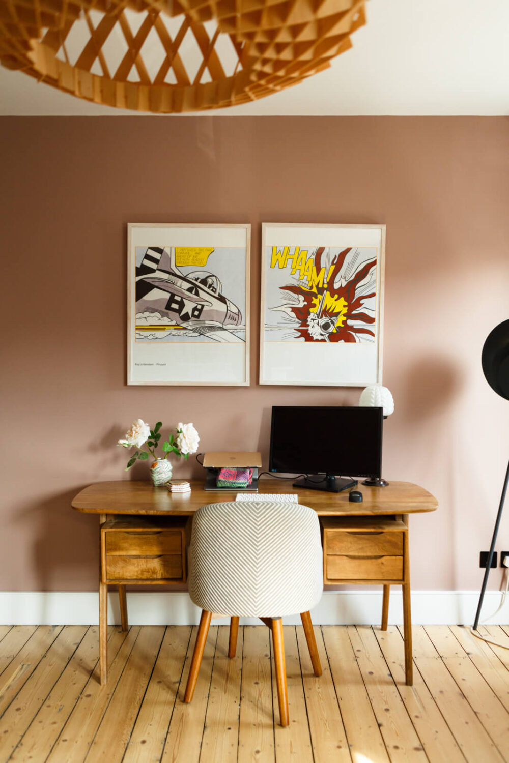 A Combination of Styles and Color in a London Townhouse 17 bedroom-home-office-curved-desk-earthy-pink-walls-wooden-floor-nordroom