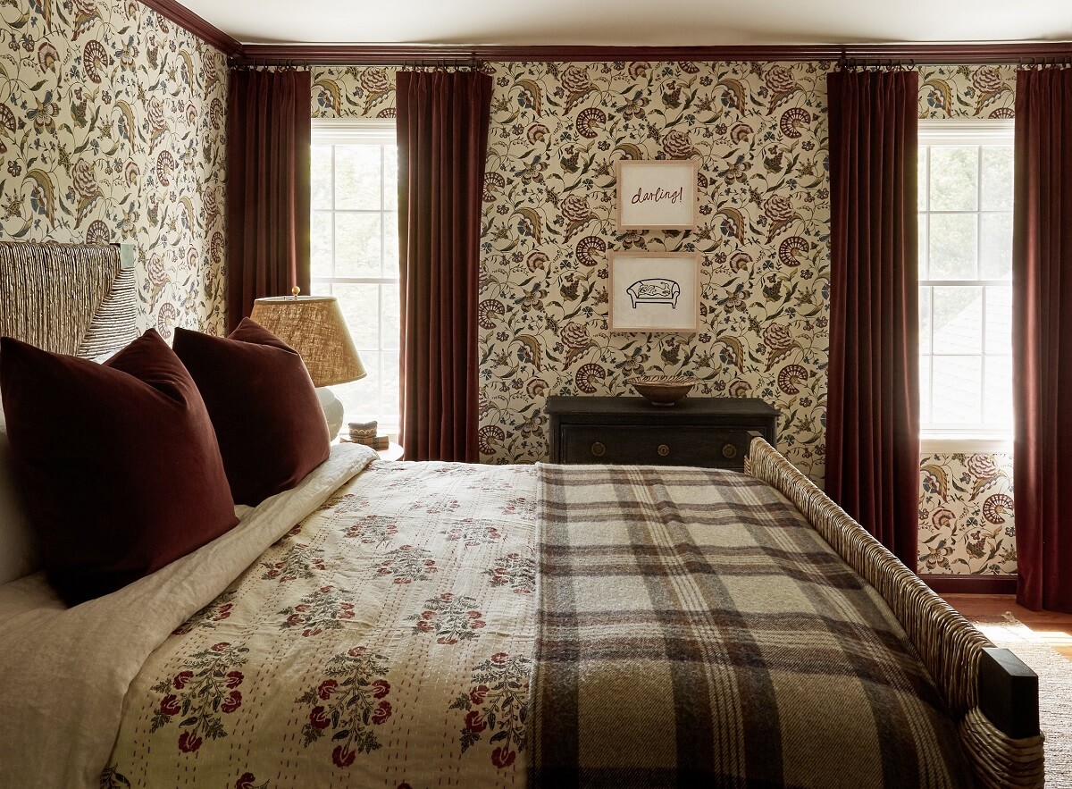 A Bedford Colonial Decorated in Warm Neutrals 10 bedroom-wallpaper-red-velvet-decor-nordroom