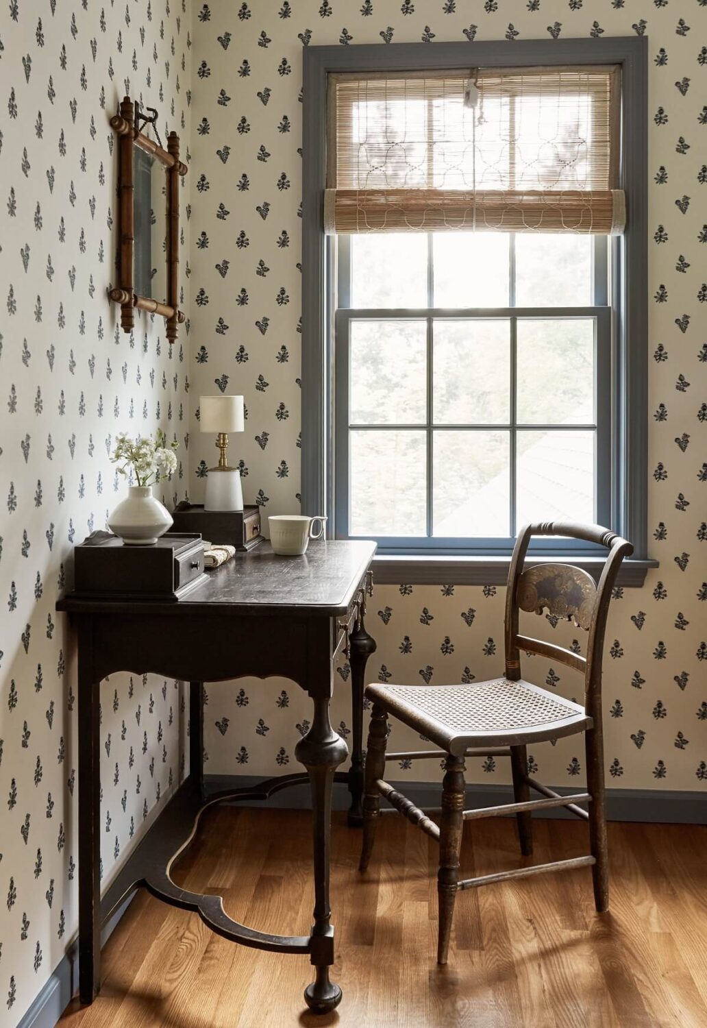 A Bedford Colonial Decorated in Warm Neutrals 13 bedroom-wallpaper-vintage-desk-nordroom