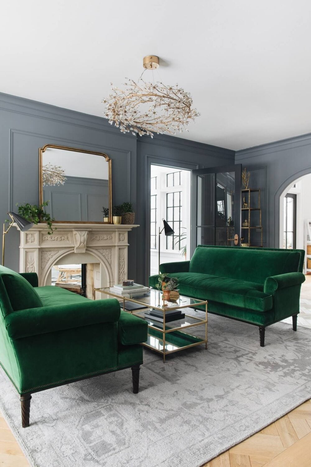The Best Classic Paint Colors For A Timeless Living Room 10 benjamin moore englewood cliffs gray wall paint green velvet sofa nordroom The Best Classic Paint Colors For A Timeless Living Room