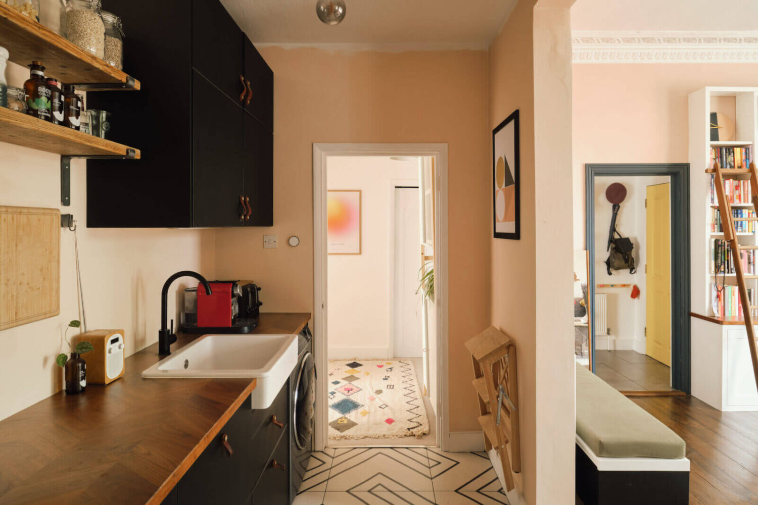 A Pink and Blue London Apartment 8 black-kitchen-geometric-floor-tiles-london-flat-nordroom