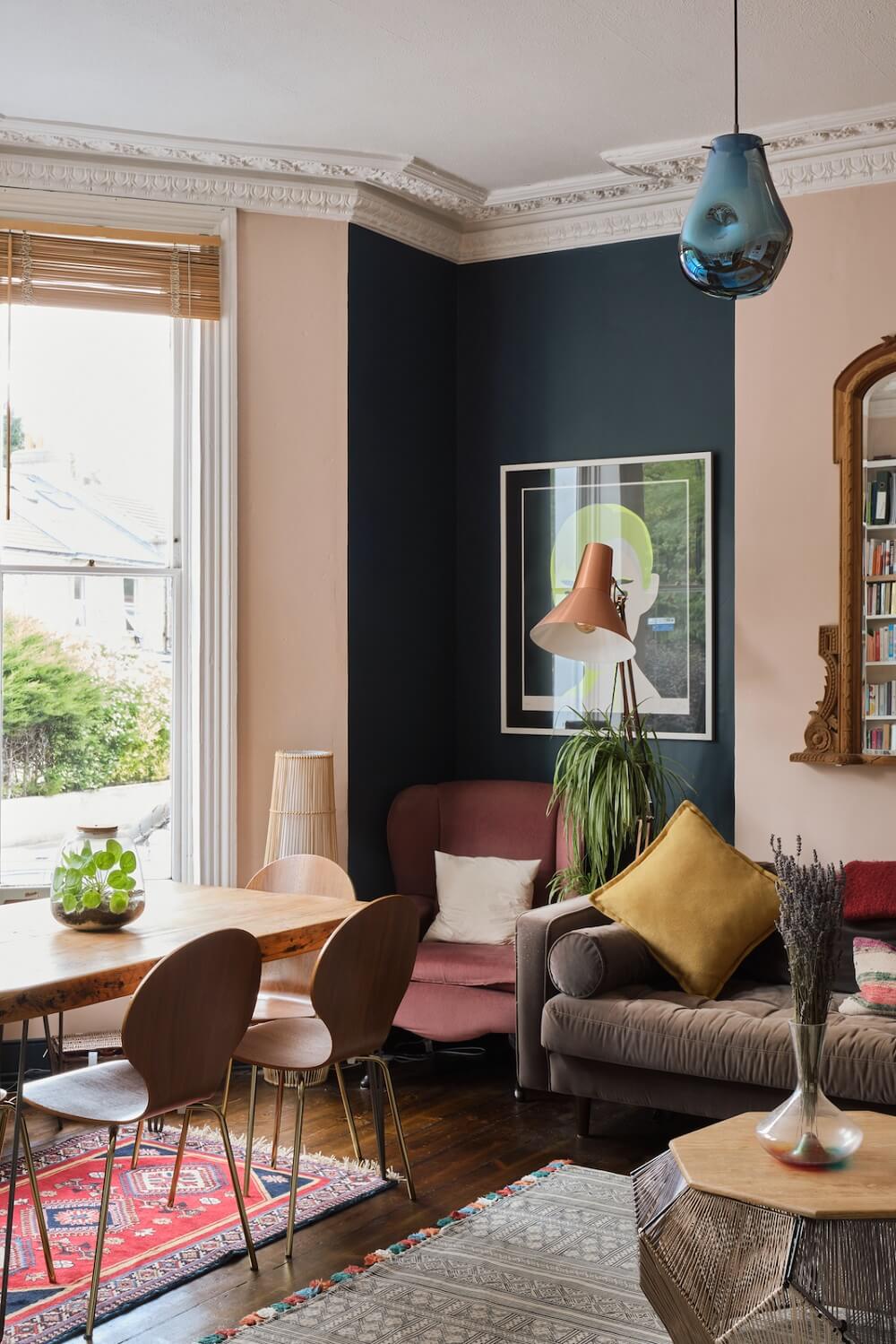 A Pink and Blue London Apartment 2 blue-accent-wall-bay-window-living-room-nordroom