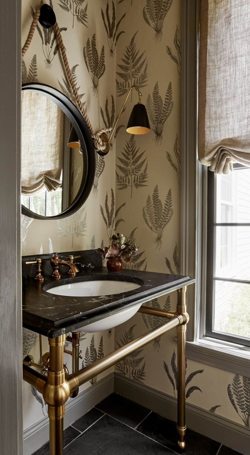 A Bedford Colonial Decorated in Warm Neutrals 6 classic-powder-room-leaf-wallpaper-nordroom
