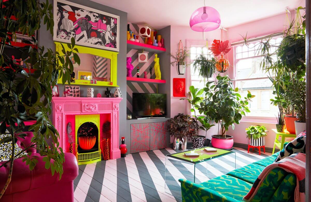 A Quirky London Home Decorated with Neon Colors 6 colorful-sitting-room-pink-fireplace-nordroom