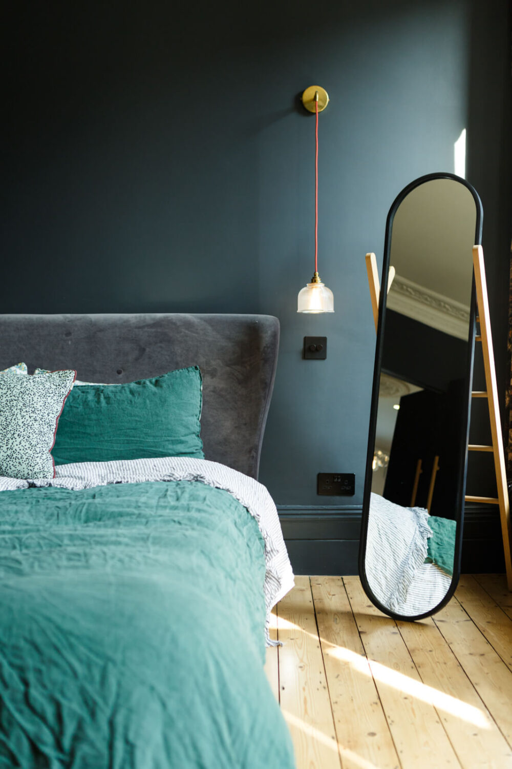 A Combination of Styles and Color in a London Townhouse 19 dark-blue-master-bedroom-wooden-floor-mirror-nordroom