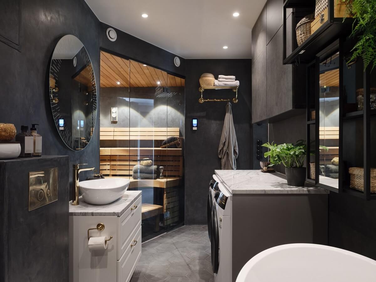 A Light Pink and Gray Nordic Home 24 dark-gray-bathroom-sauna-nordroom