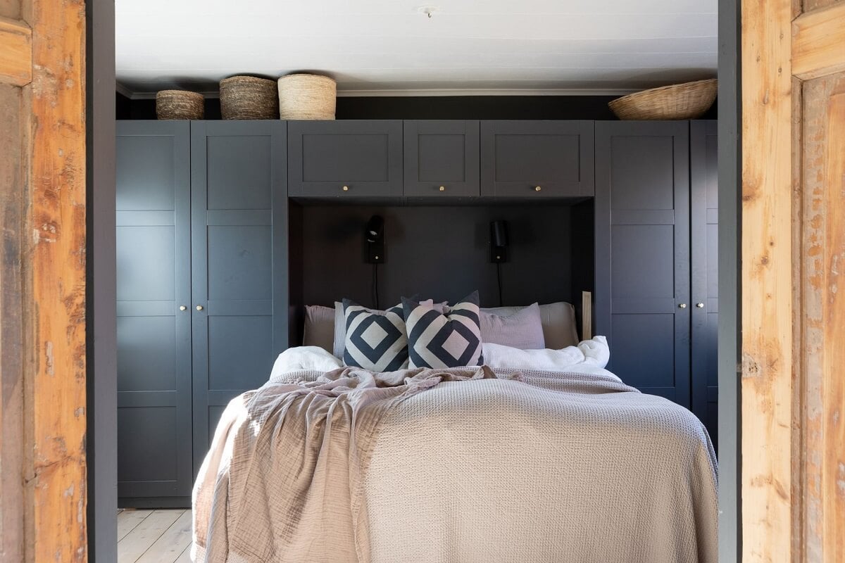 A Monochrome Nordic Home with Cozy Courtyard 9 dark-gray-bedroom-built-in-wardrobes-nordroom