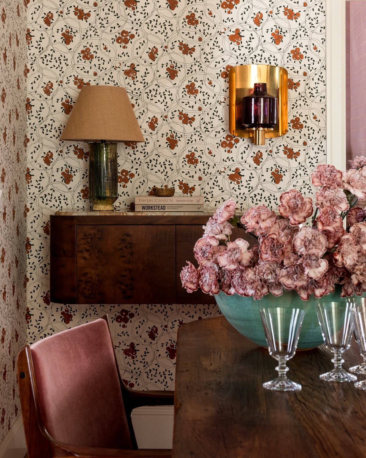 Pink Tones and Black in a Stunning Fox Island Home 5 dining-room-detail-wall-cabinet-floral-wallpaper-nordroom
