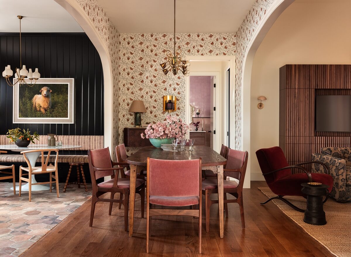 Pink Tones and Black in a Stunning Fox Island Home 2 dining-room-floral-wallpaper-pink-dining-chairs-nordroom