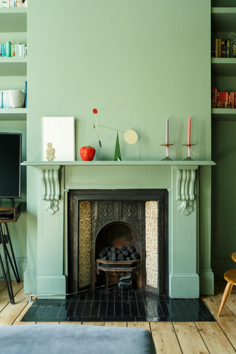 A Combination of Styles and Color in a London Townhouse 12 fireplace-mint-green-sitting-room-victorian-house-london-nordroom