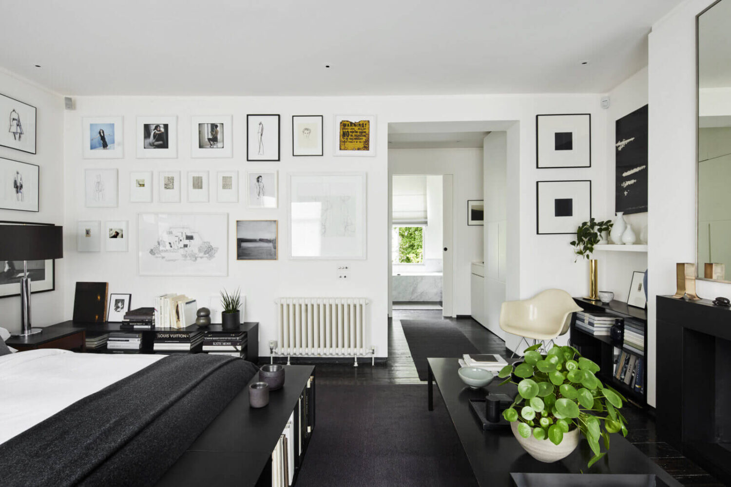 A Monochrome Victorian Townhouse in London 9 gallery-wall-monochrome-master-bedroom-black-floor-nordroom