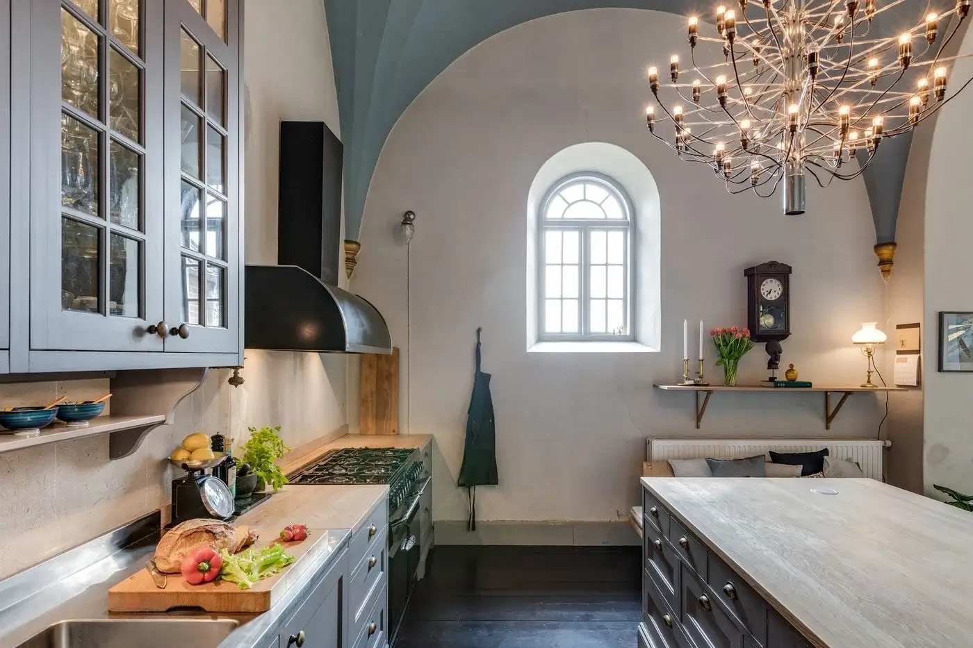 A Beautiful Chapel Conversion in Sweden 3 gray-blue-kitchen-cabinets-arched-ceiling-church-conversion-sweden-nordroom