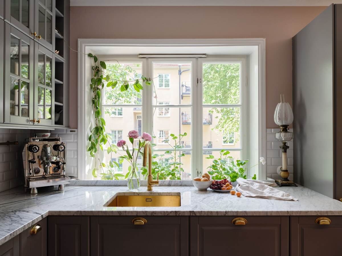 A Light Pink and Gray Nordic Home 4 gray-kitchen-cabinets-brass-tap-nordroom