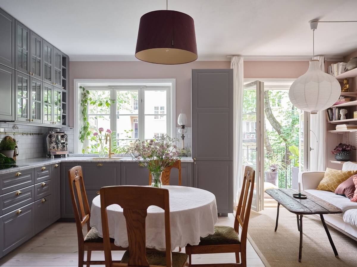 A Light Pink and Gray Nordic Home 1 gray-kitchen-round-vintage-dining-table-nordroom
