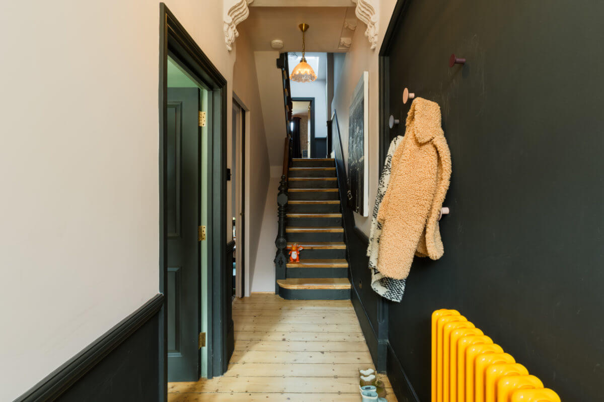 A Combination of Styles and Color in a London Townhouse 15 hallway-black-wall-yellow-heating-nordroom