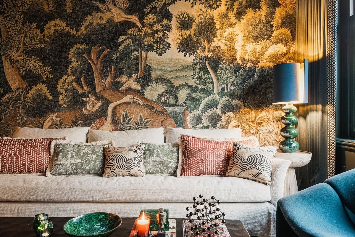 Color and Wallpaper in a Stylish Amsterdam Home 2 iksel-birds-tapestry-wallpaper-moody-sitting-room-nordroom