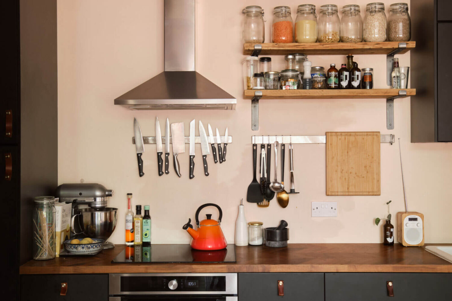 A Pink and Blue London Apartment 7 kitchen-black-cabinets-open-shelves-nordroom