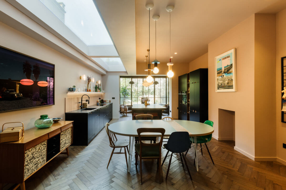 A Combination of Styles and Color in a London Townhouse 1 kitchen-dining-room-skylight-wooden-floor-nordroom