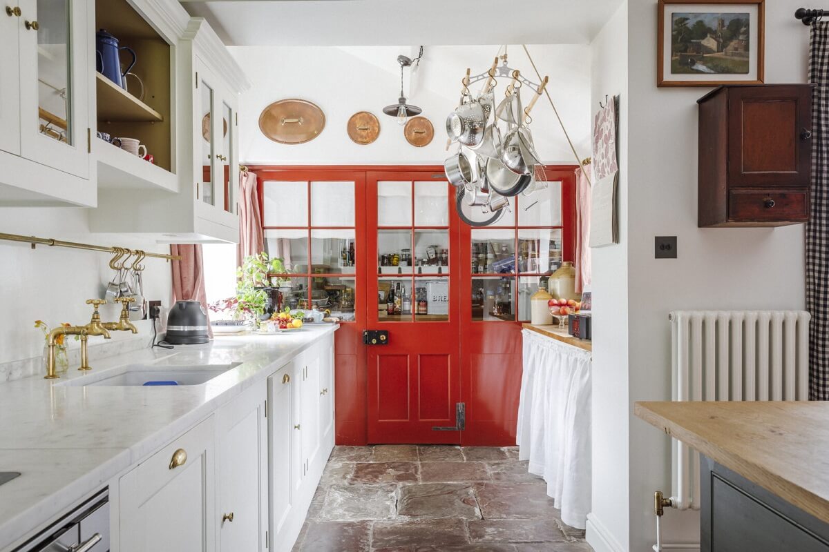 A Cozy Restored Country House in England 8 kitchen-plain-english-cabinets-red-doors-nordroom