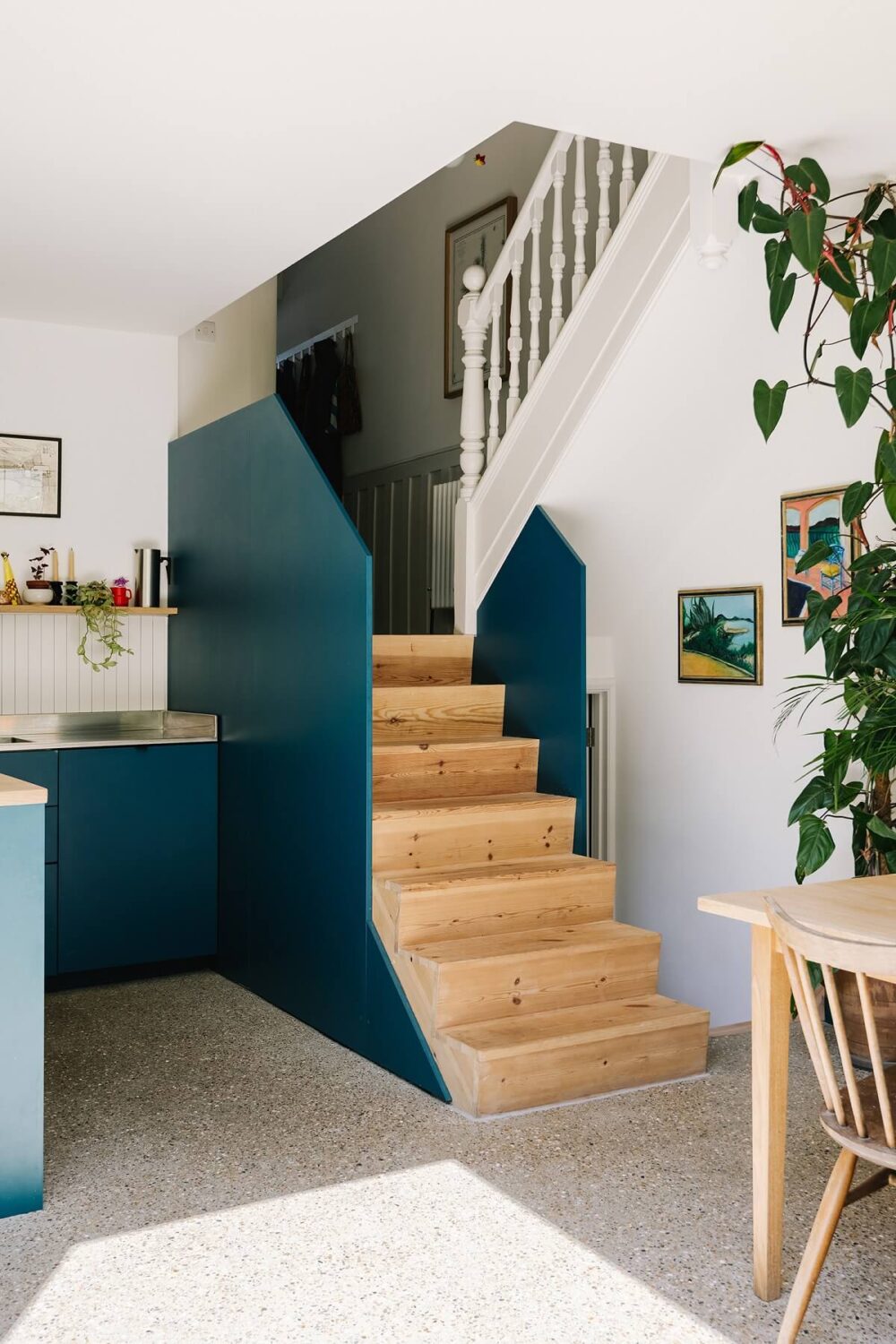 A London Townhouse with Blue Kitchen and Light Extension 8 kitchen-staircase-blue-accent-color-nordroom