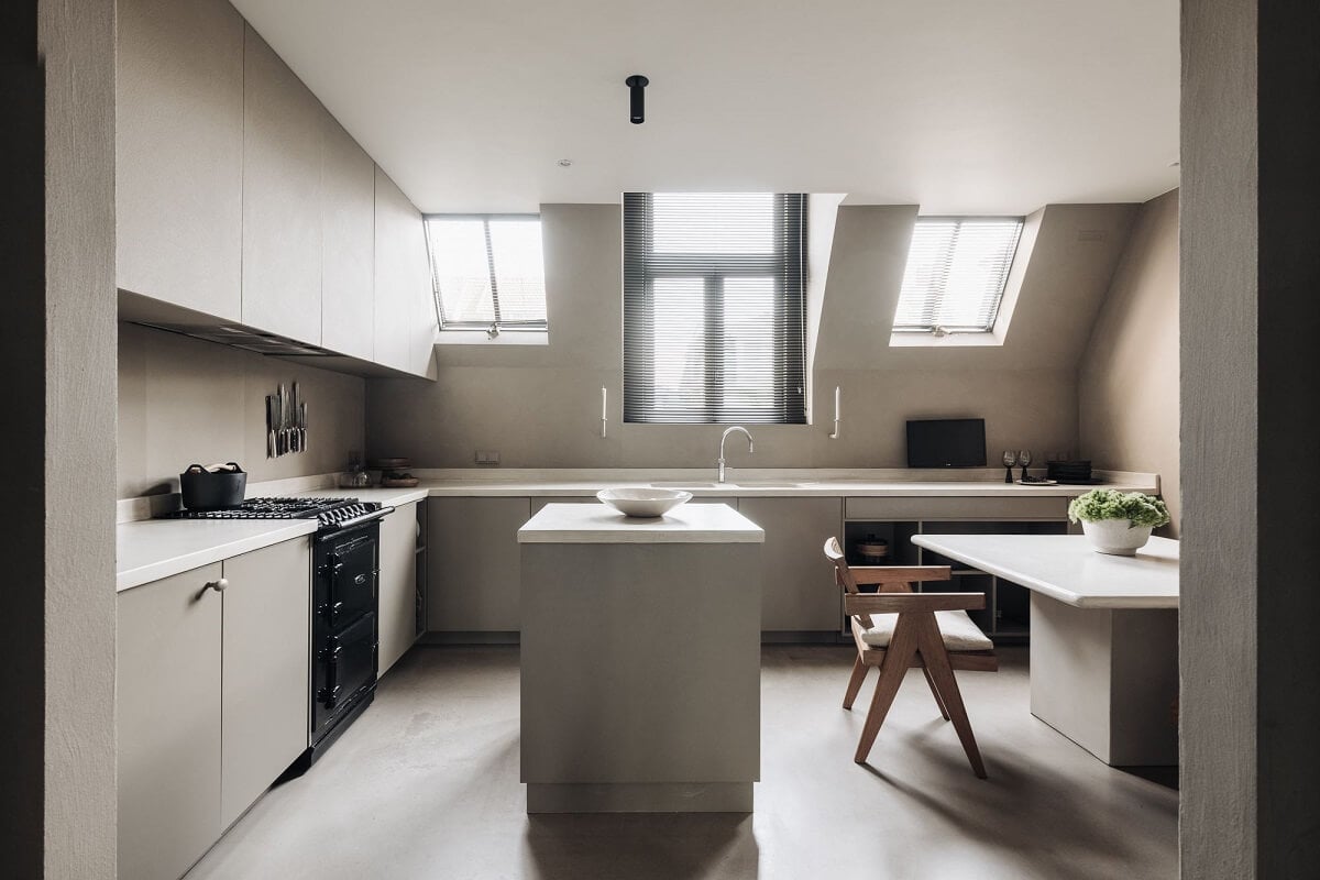 Light Gray Design Apartment in Amsterdam 11 light-gray-kitchen-dining-room-sloped-ceiling-nordroom