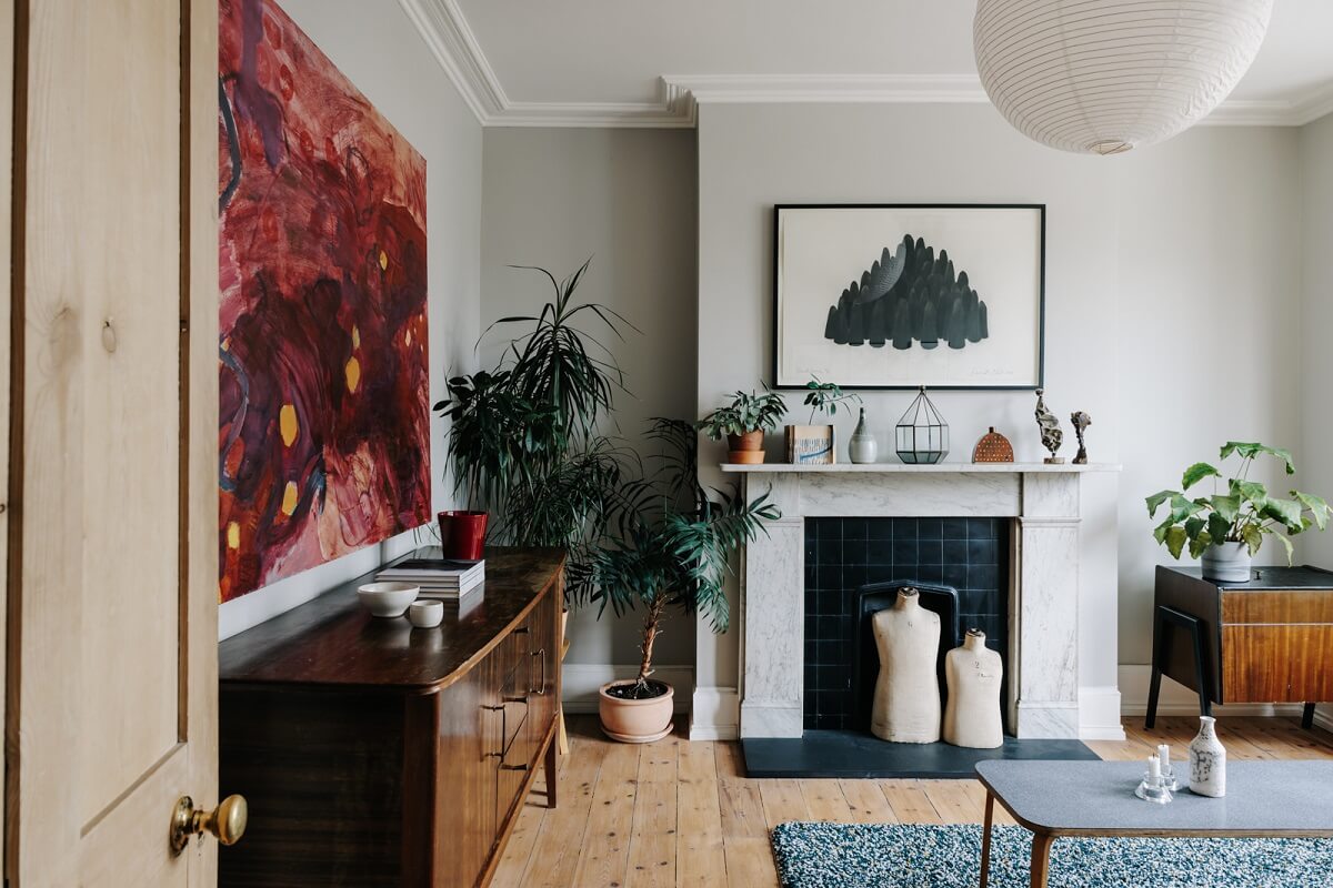 A London Townhouse with Blue Kitchen and Light Extension 9 light-gray-walls-sitting-room-fireplace-nordroom