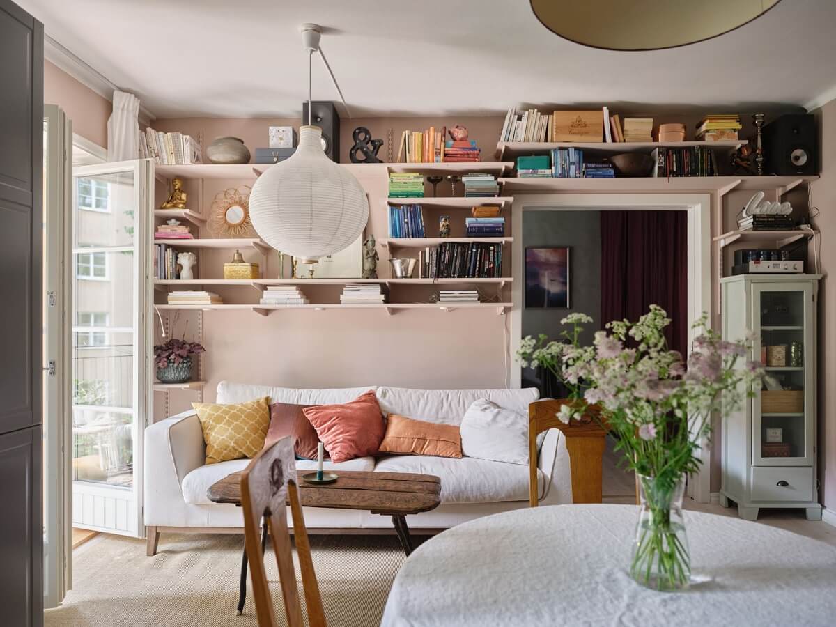 A Light Pink and Gray Nordic Home 8 light-pink-sitting-room-shelves-nordroom