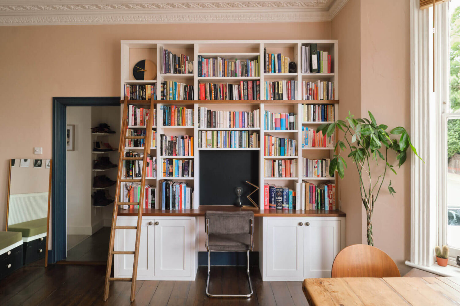 A Pink and Blue London Apartment 5 living-room-bookcase-desk-pink-walls-nordroom