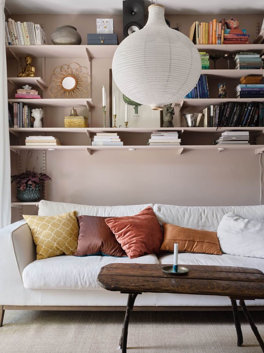 A Light Pink and Gray Nordic Home 9 living-room-pink-walls-shelves-nordroom