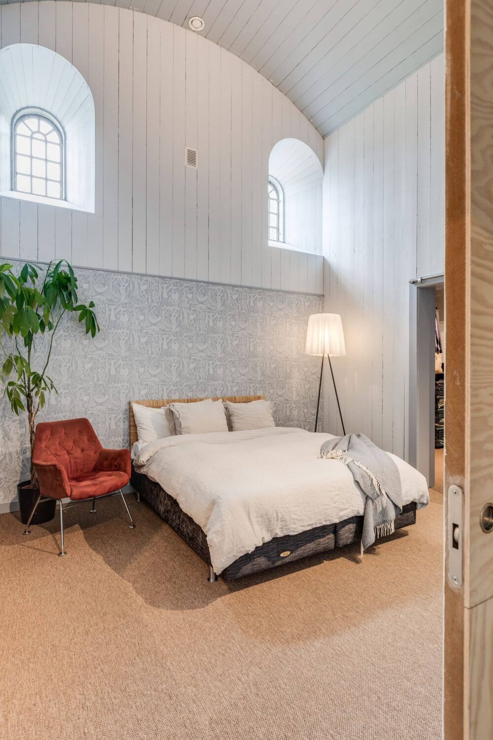 A Beautiful Chapel Conversion in Sweden 9 master-bedroom-high-ceiling-church-conversion-sweden-nordroom