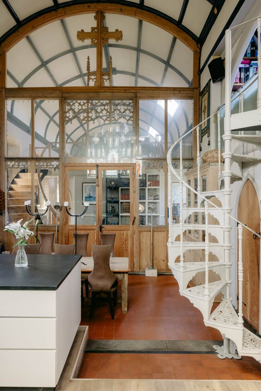 A Warm Church Conversion in England 9 modern-kitchen-steel-white-spiral-staircase-nordroom