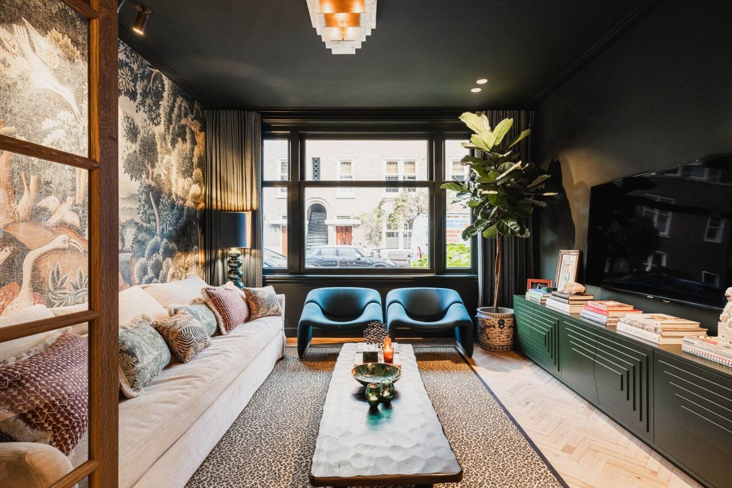 Color and Wallpaper in a Stylish Amsterdam Home 1 moody-sitting-room-painted-ceiling-iksel-birds-tapestry-wallpaper-nordroom