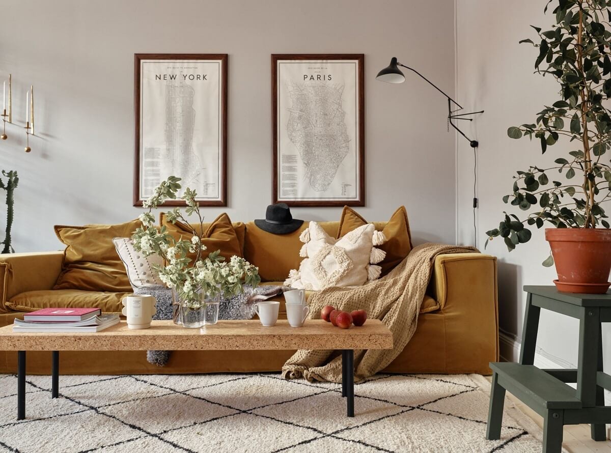 A Small Swedish Apartment with Ochre Yellow Sofa 3 ochre-yellow-sofa-light-gray-walls-nordroom