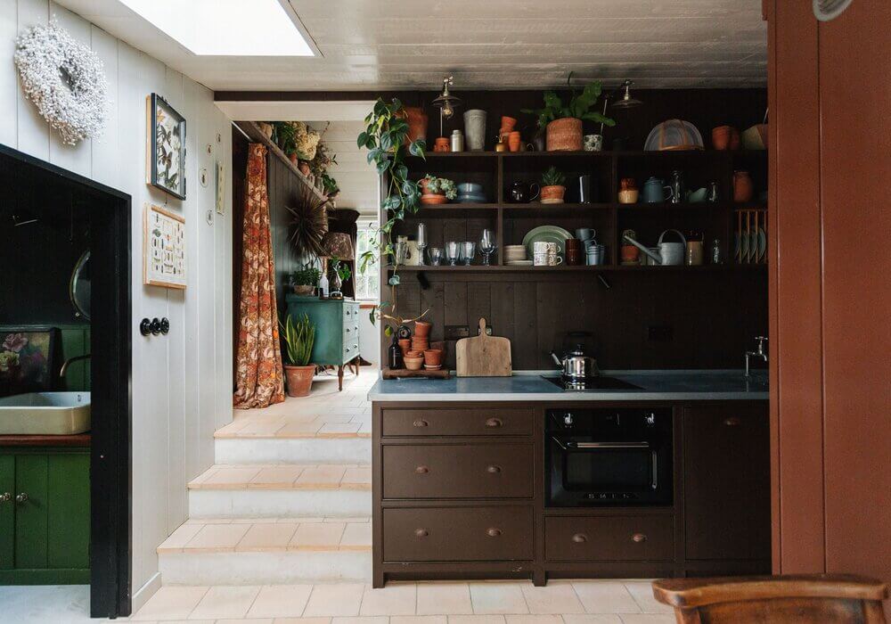 Spinks Nest: A Small Vintage Cottage in England 5 open-cabinets-brown-kitchen-vintage-rental-cottage