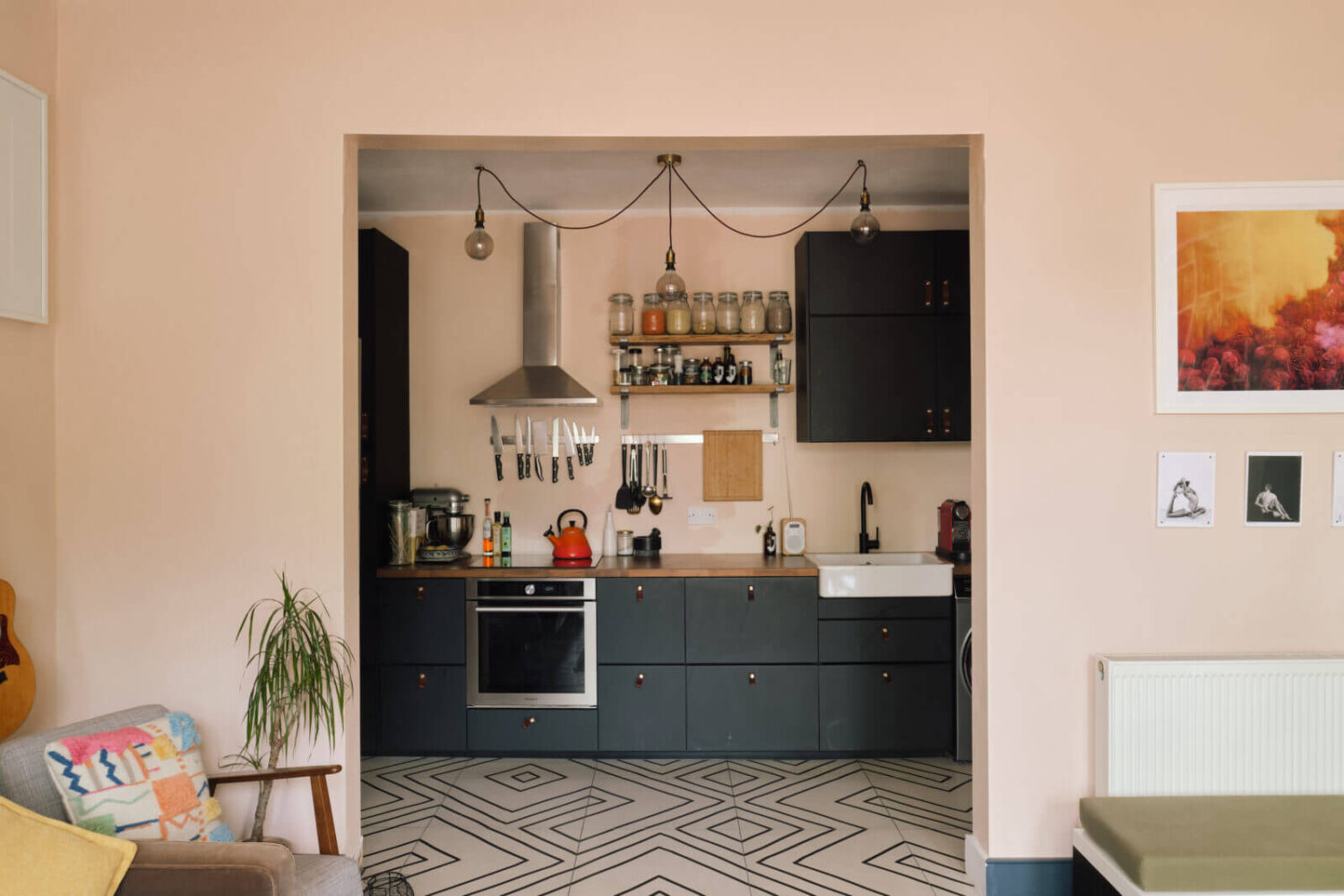 A Pink and Blue London Apartment 6 open-plan-kitchen-living-room-geometric-floor-tiles-nordroom