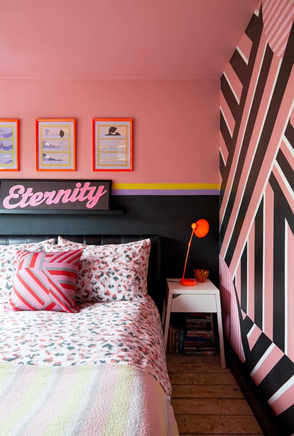 A Quirky London Home Decorated with Neon Colors 13 pink-black-bedroom-quirky-london-home-nordroom