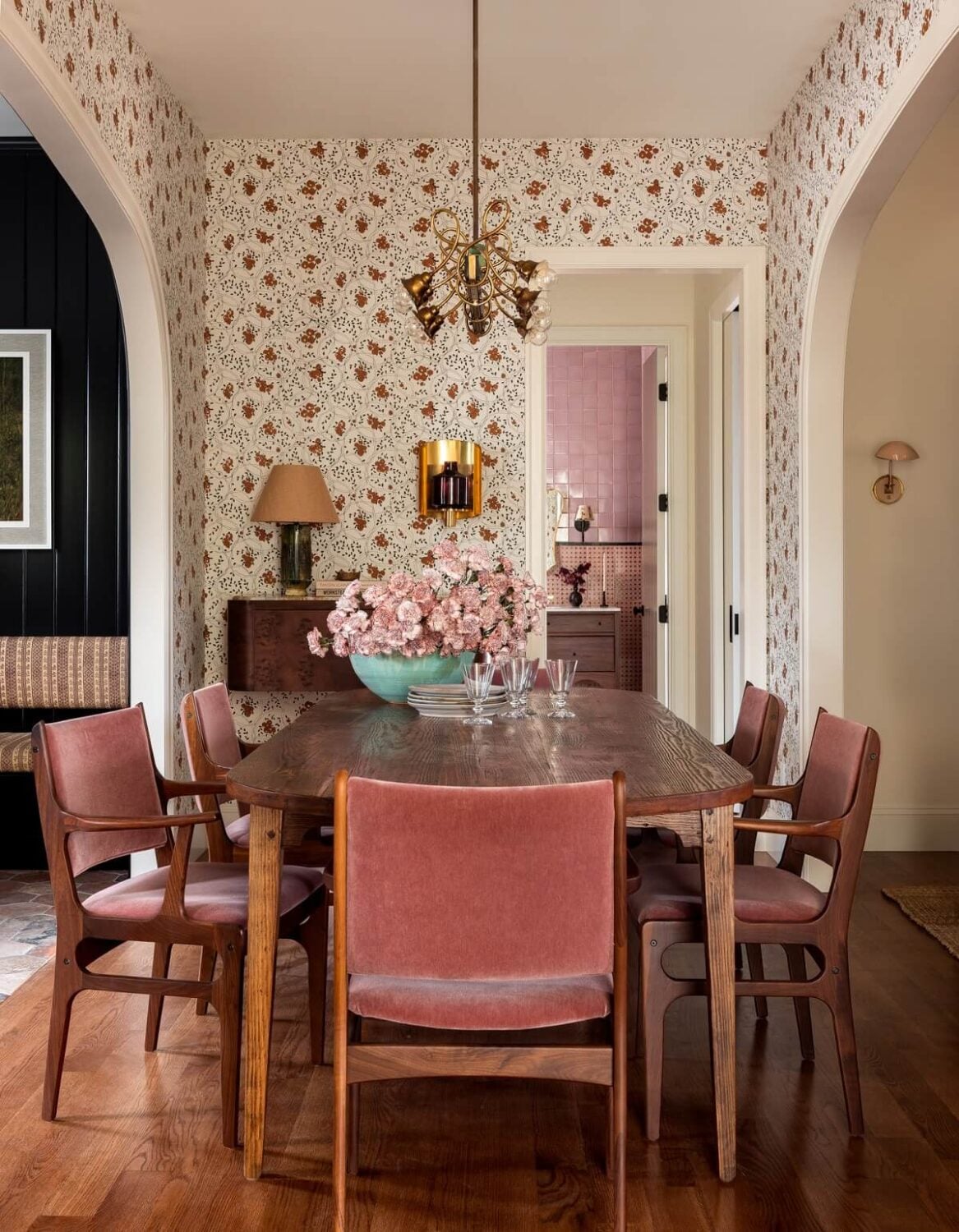 Pink Tones and Black in a Stunning Fox Island Home 4 pink-dining-chairs-floral-wallpaper-bold-guesthouse-fox-island-nordroom