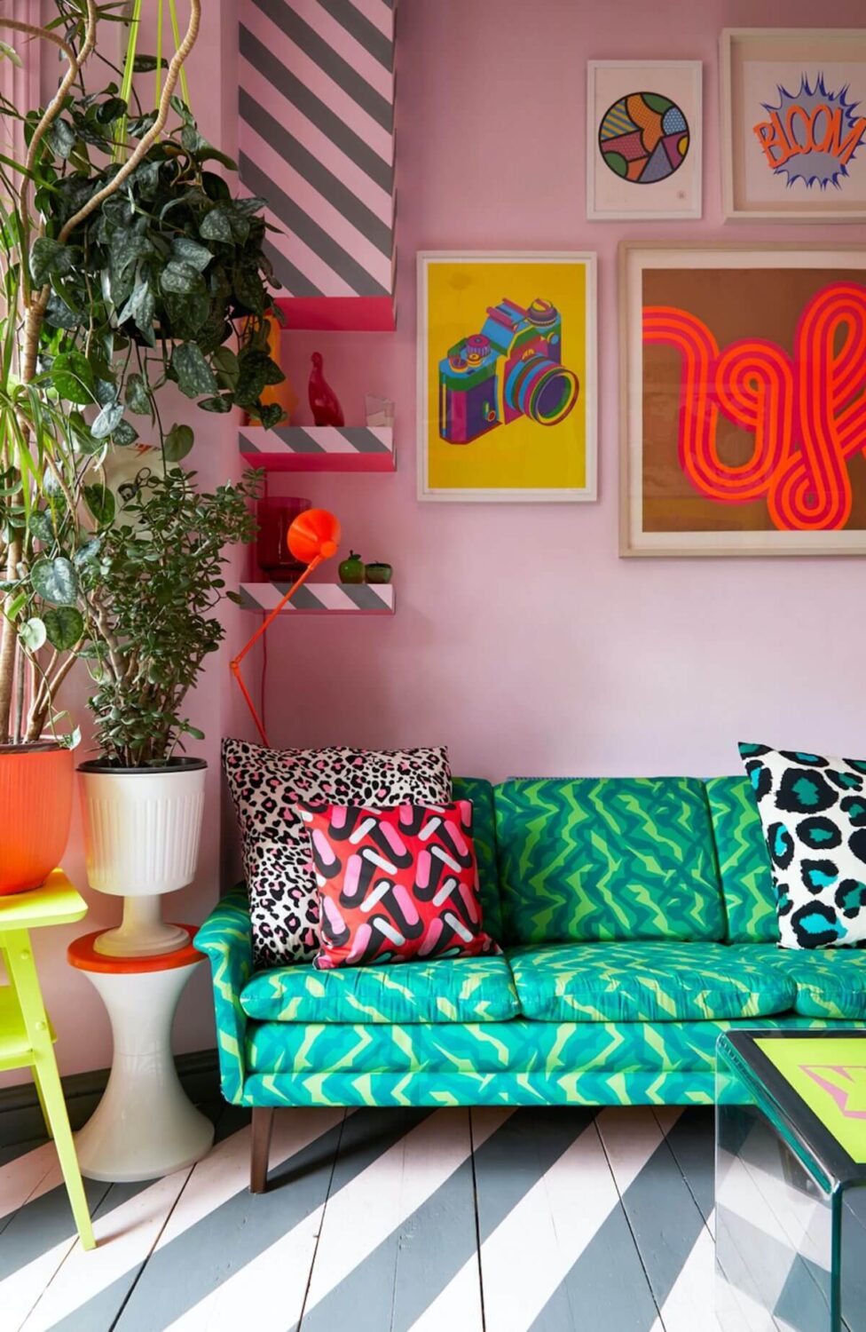 A Quirky London Home Decorated with Neon Colors 8 sitting-room-green-sofa-striped-floor-nordroom