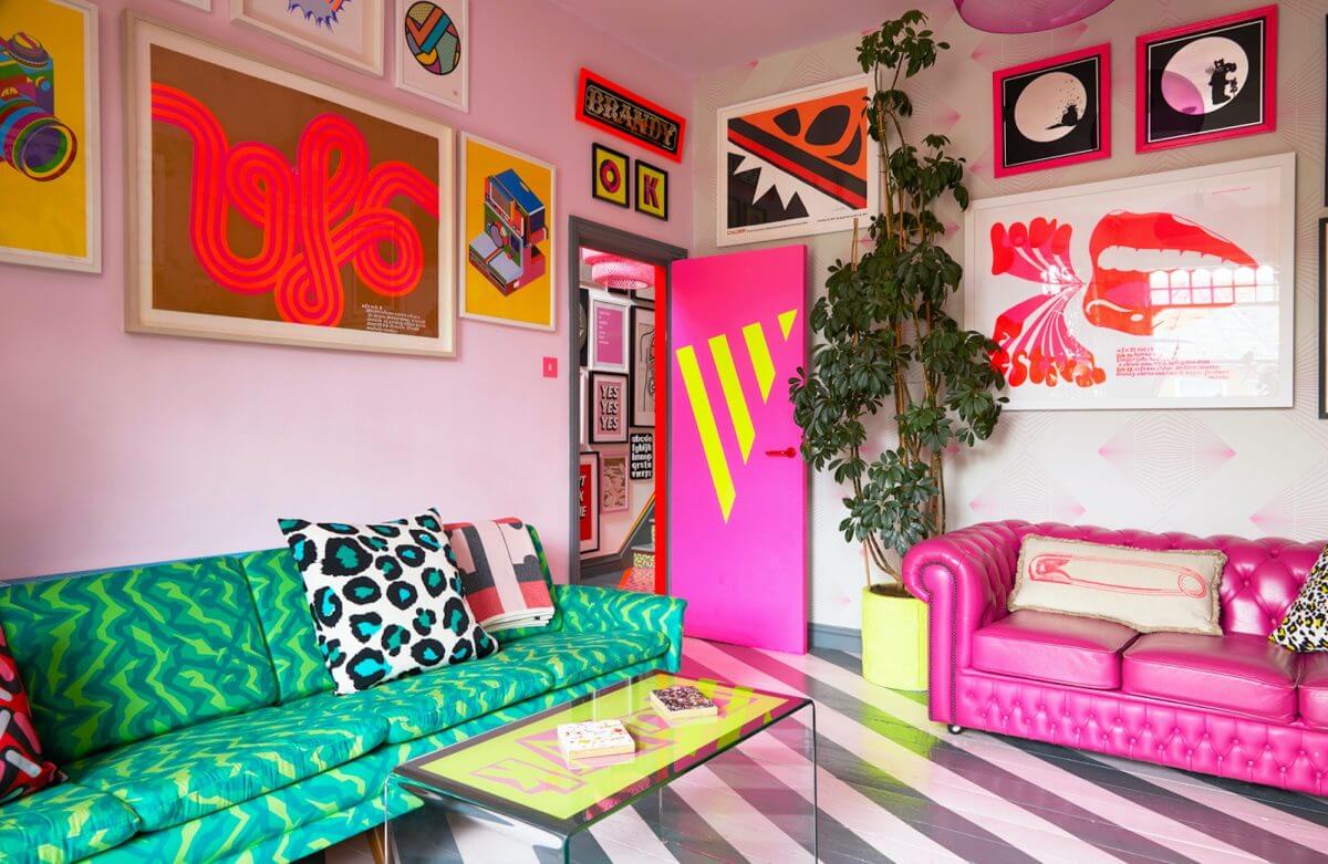 A Quirky London Home Decorated with Neon Colors 9 sitting-room-striped-floor-green-sofa-nordroom
