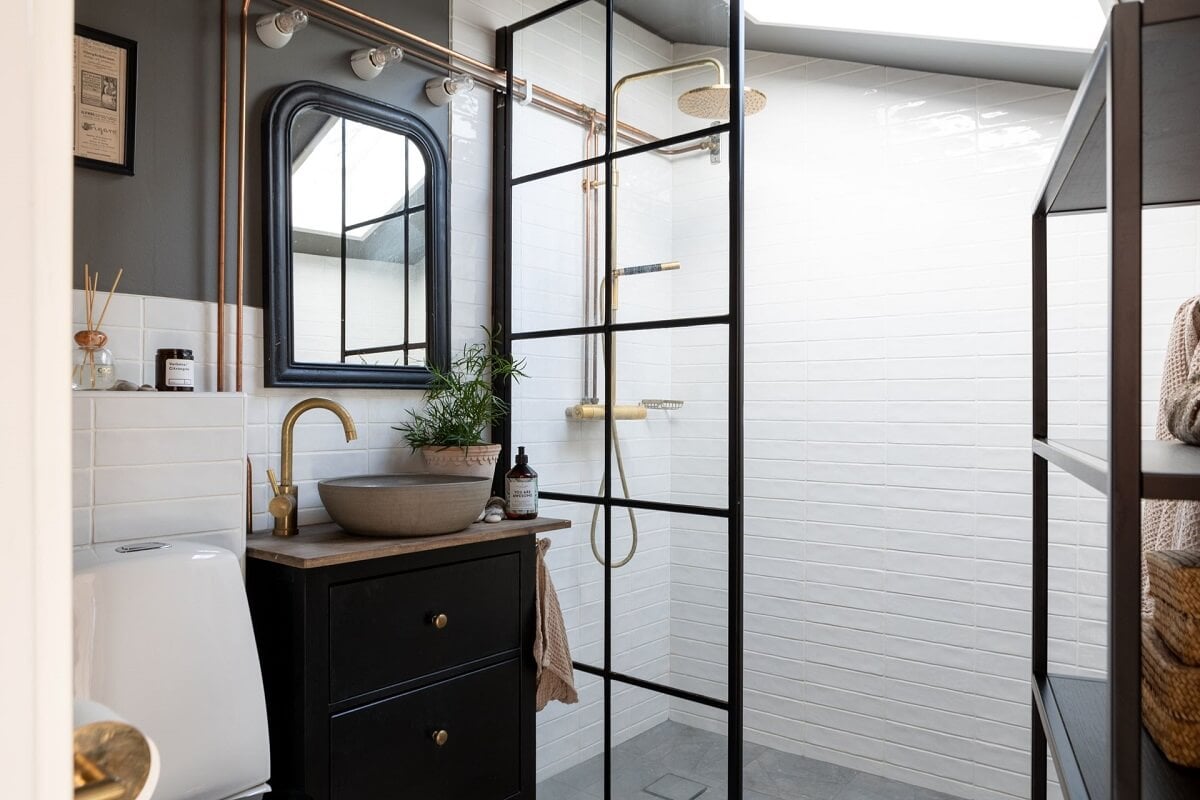 A Monochrome Nordic Home with Cozy Courtyard 14 small-bathroom-skylight-industrial-glass-shower-wall-nordroom