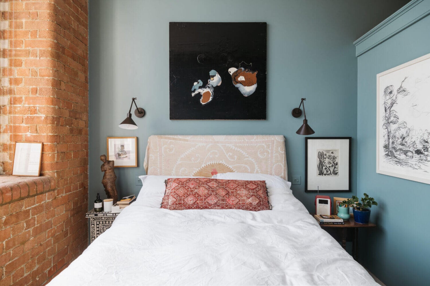 A Loft-Style Apartment with Brick Walls in London 15 small-blue-bedroom-brick-wall-nordroom