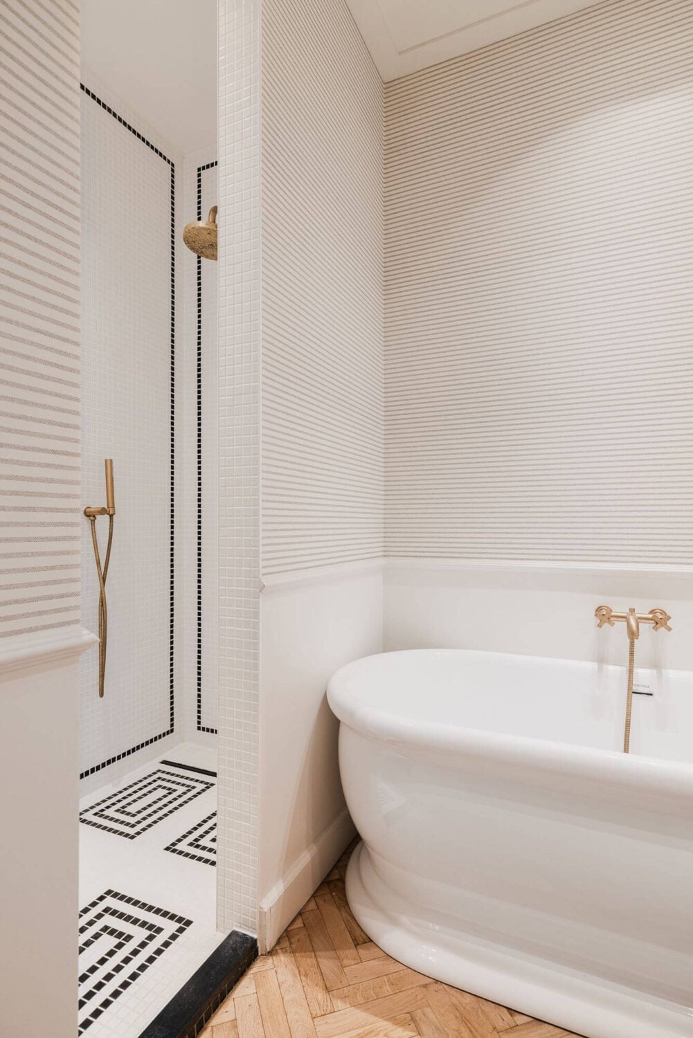 Color and Wallpaper in a Stylish Amsterdam Home 16 white-bathroom-freestanding-bath-walk-in-shower-nordroom