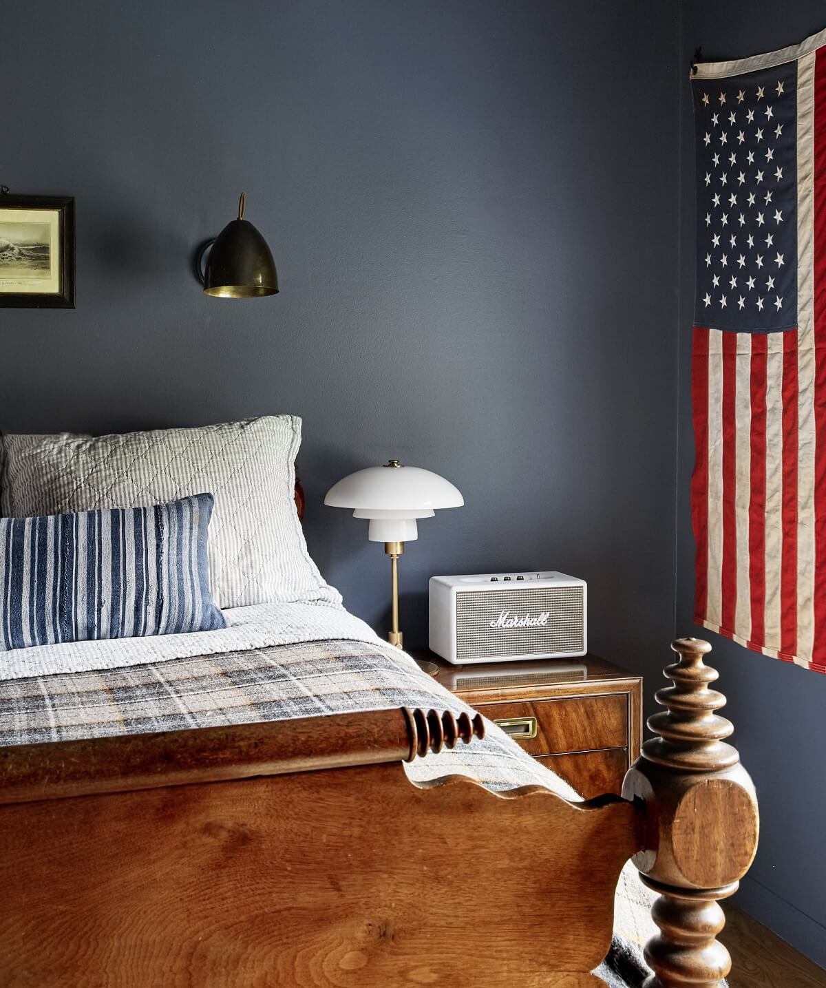 A Bedford Colonial Decorated in Warm Neutrals 15 wooden-vintage-bedframe-blue-walls-nordroom