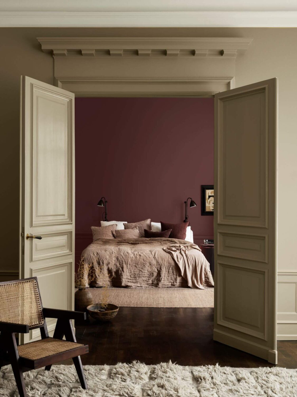 The Color Trends for 2023: Rich & Warm Natural Hues 67 bedroom-warm-red-wall-green-wooden-doors