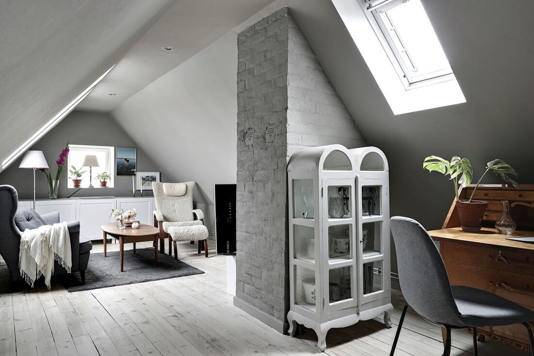 A Swedish 1930s Villa Decorated in Gray and Green Tones 19 attic-living-room-wallpaper-home-office-nordroom