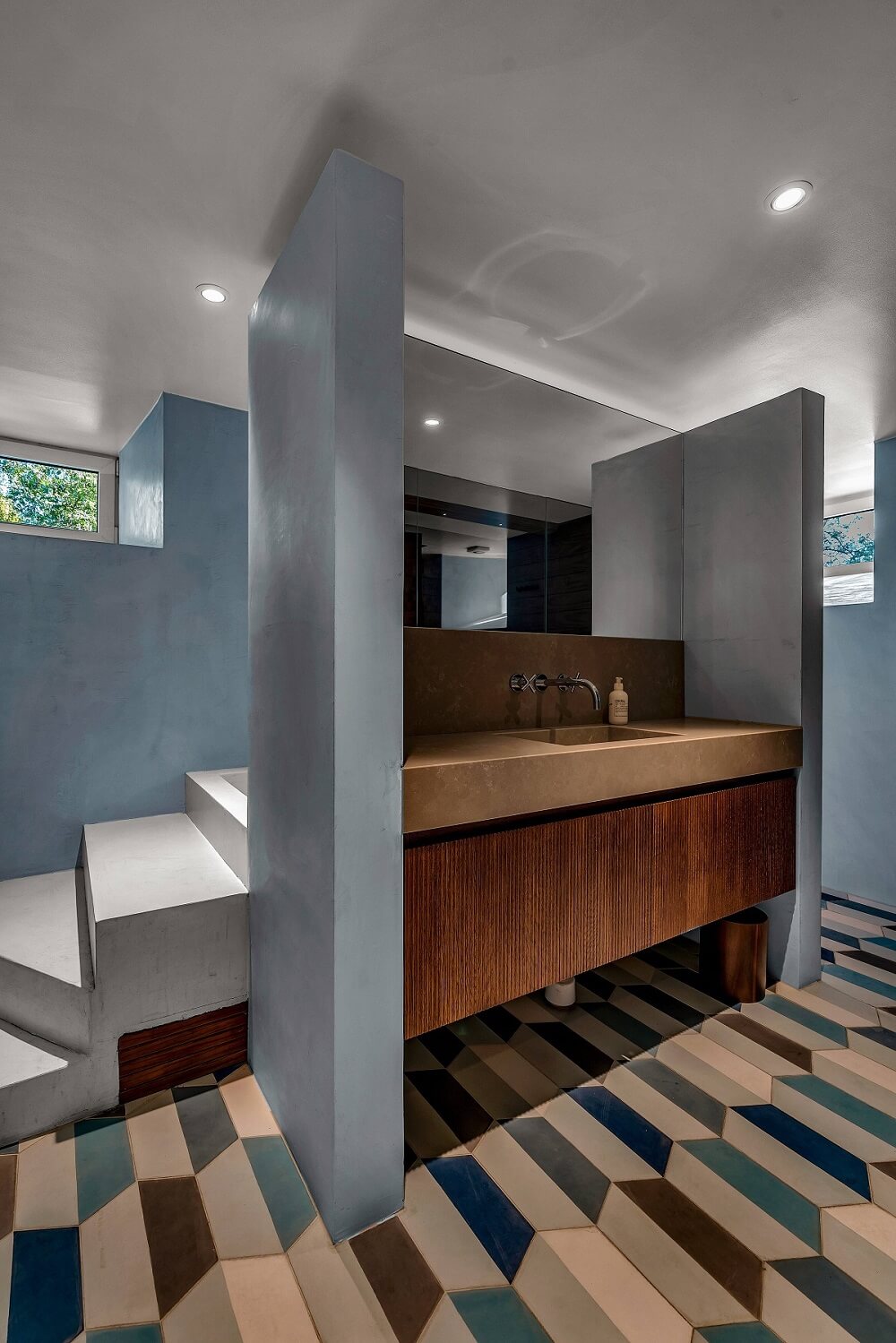 Inspiring Bathrooms With Geometric Tiles 18 basement-bathroom-colorful-floor-tiles-nordroom