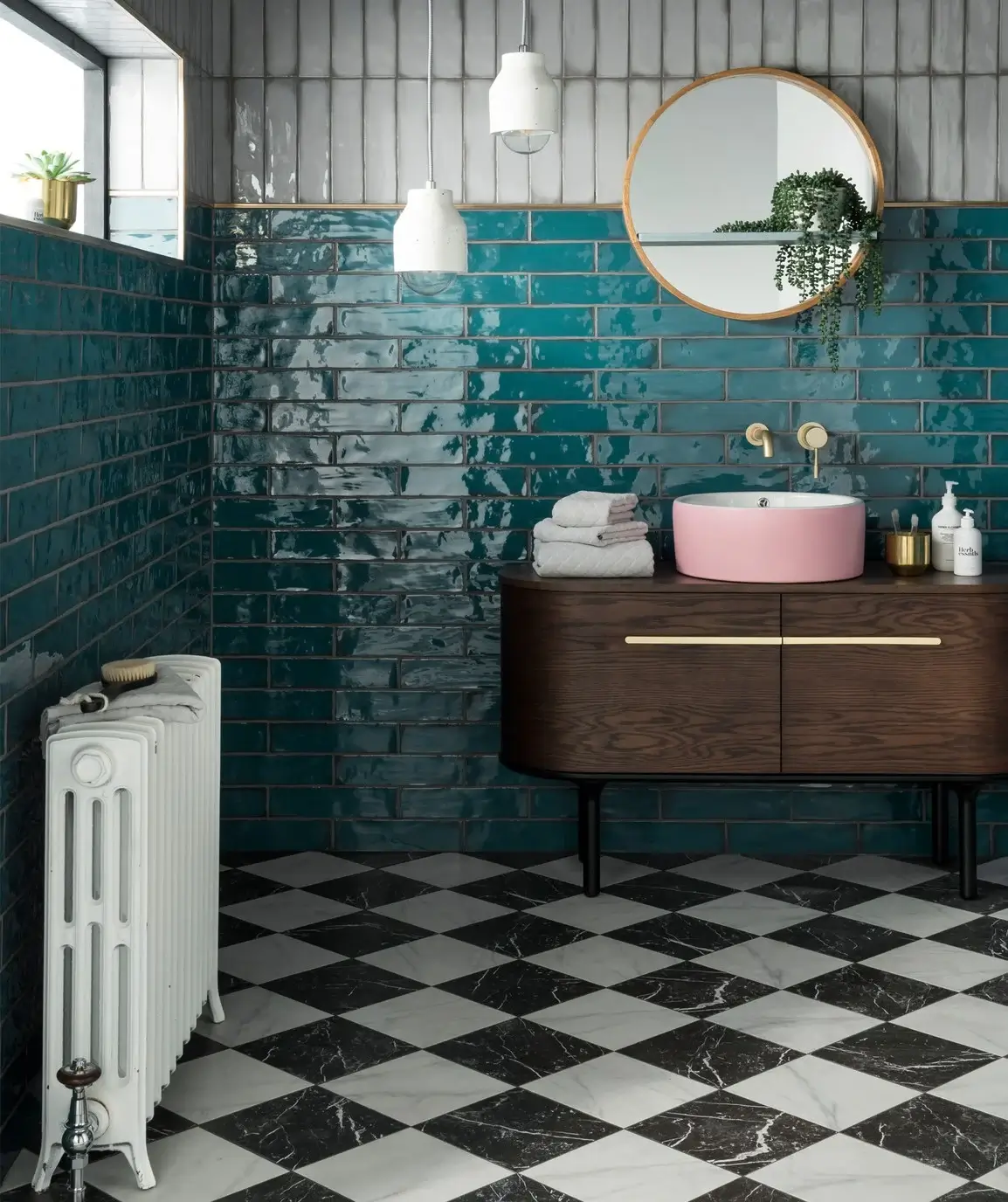 Glidden & PPG Color of the Year 2023: Vining Ivy 20 bathroom-glossy-teal-tiles-lampas-peacock-tile-checkboard-floor-tiles-round-pink-sink-nordroom