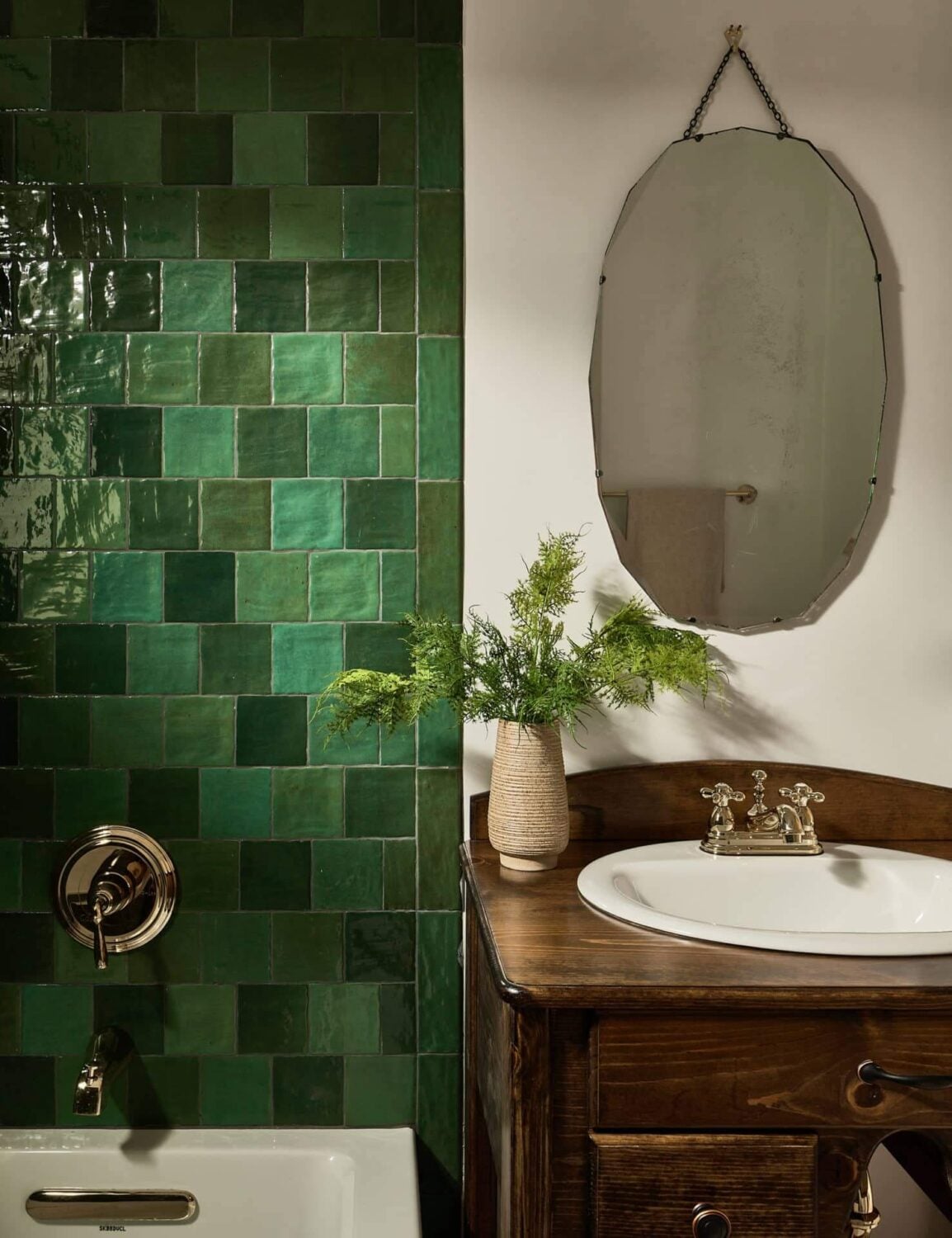Warm Neutrals in a Lovely Home in Silver Lake, Los Angeles 17 bathroom-green-tiles-wooden-vanity-brass-fittings-nordroom