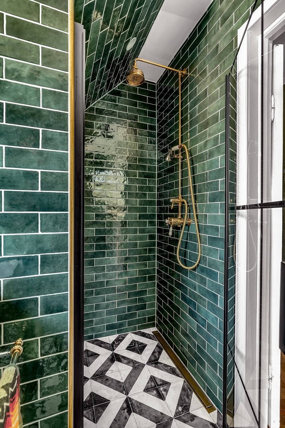 Inspiring Bathrooms With Geometric Tiles 16 bathroom-shower-glossy-green-tiles-geometric-floor-tiles-nordroom