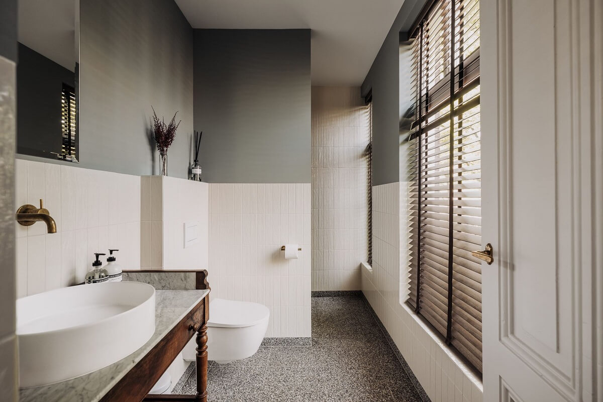 A Luxurious Canal House in Amsterdam 24 bathroom-terrazzo-floor-white-tiles-walk-in-shower-nordroom